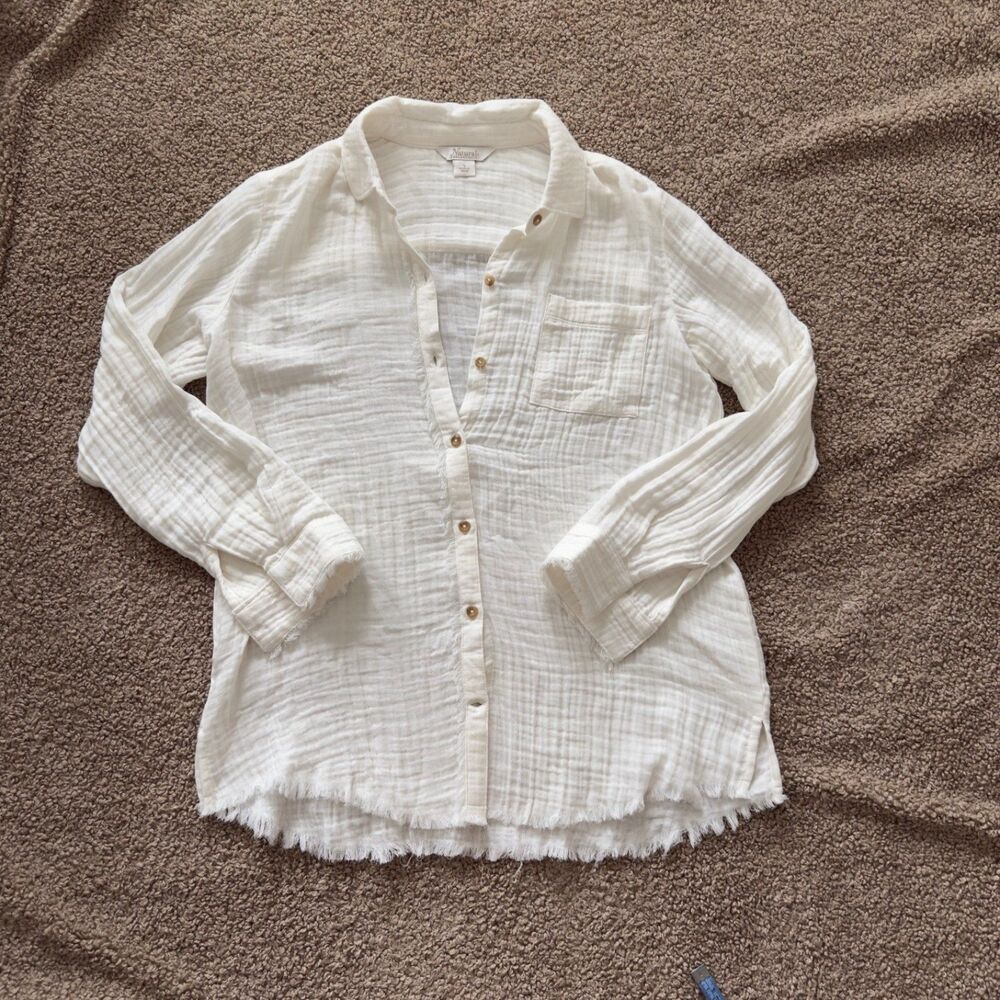 Natural Reflections White Gauze Button down shirt Size S Coastal Boho